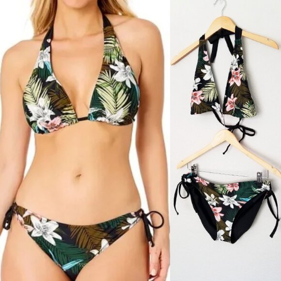 NEW Hurley Women's XL Reversible Bikini 2pc Set Black Tropical Floral Adjustable - Picture 3 of 16